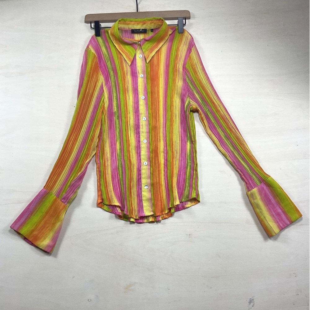 Le Caviar Womens Large Multi Color Striped Plisse Button Down Blouse Bell Cuff